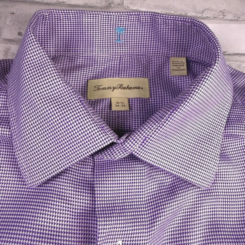 Tommy Bahama Shirt Mens 16.5 34/35 Purple Houndstooth Long Sleeve Button Down GD